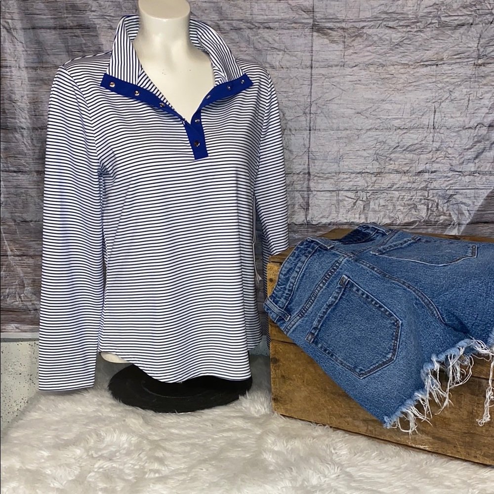 Chico's Blue and White Casual Long Sleeve Top